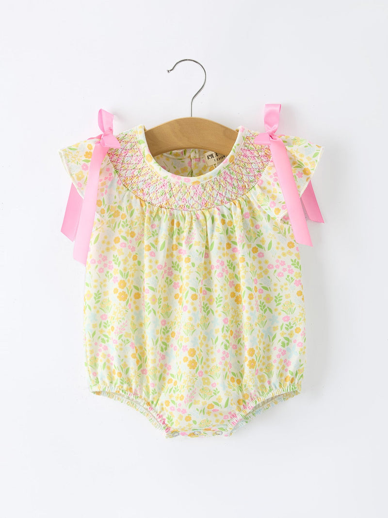 Spring Floral Smocked Baby Girl Romper - 1