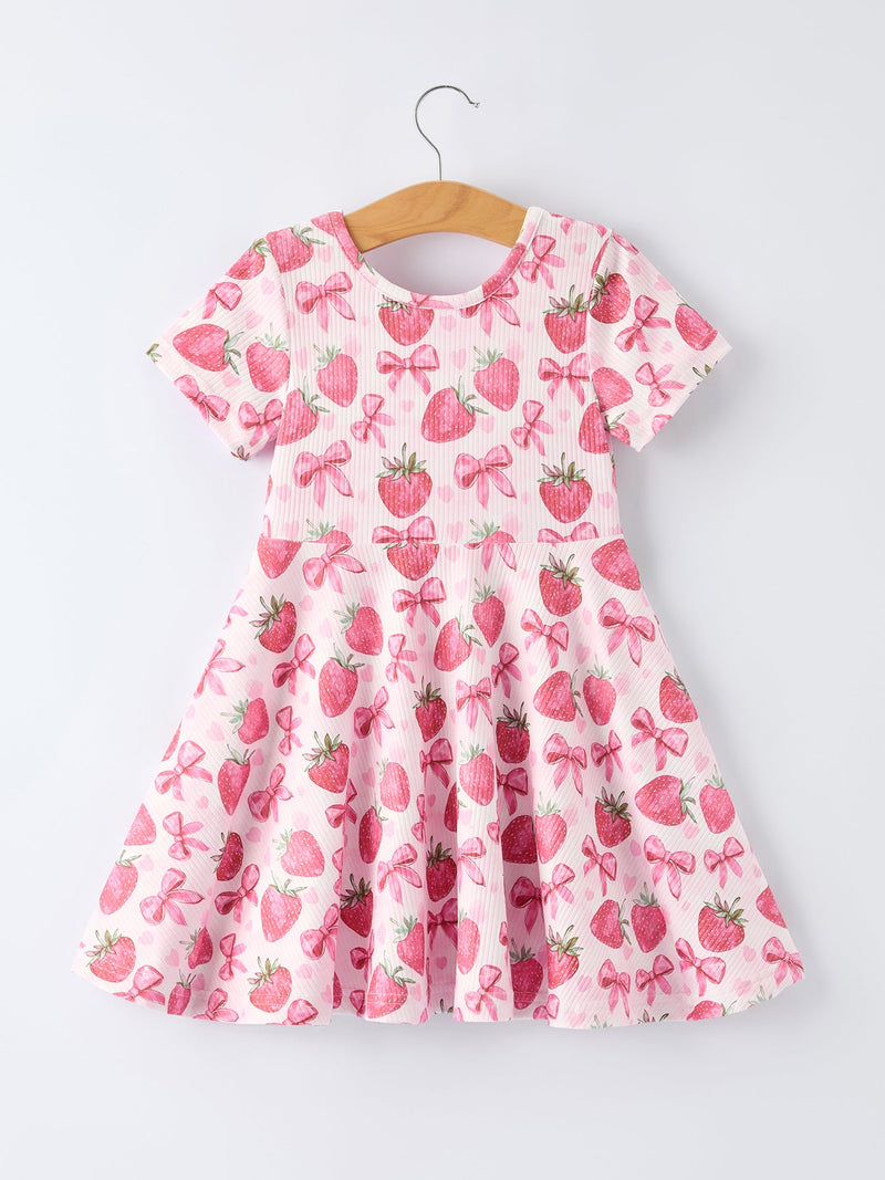 Summer Strawberry Bow Girls Short Sleeve Dress - 9