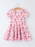 Summer Strawberry Bow Girls Short Sleeve Dress - 8