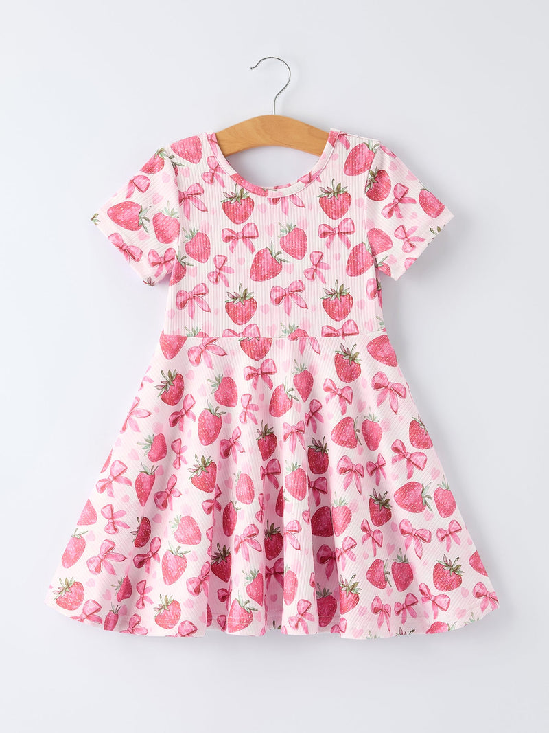 Summer Strawberry Bow Girls Short Sleeve Dress - 8