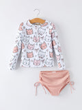 Summer Cat Print Girls Long Sleeve Swim Set - 1