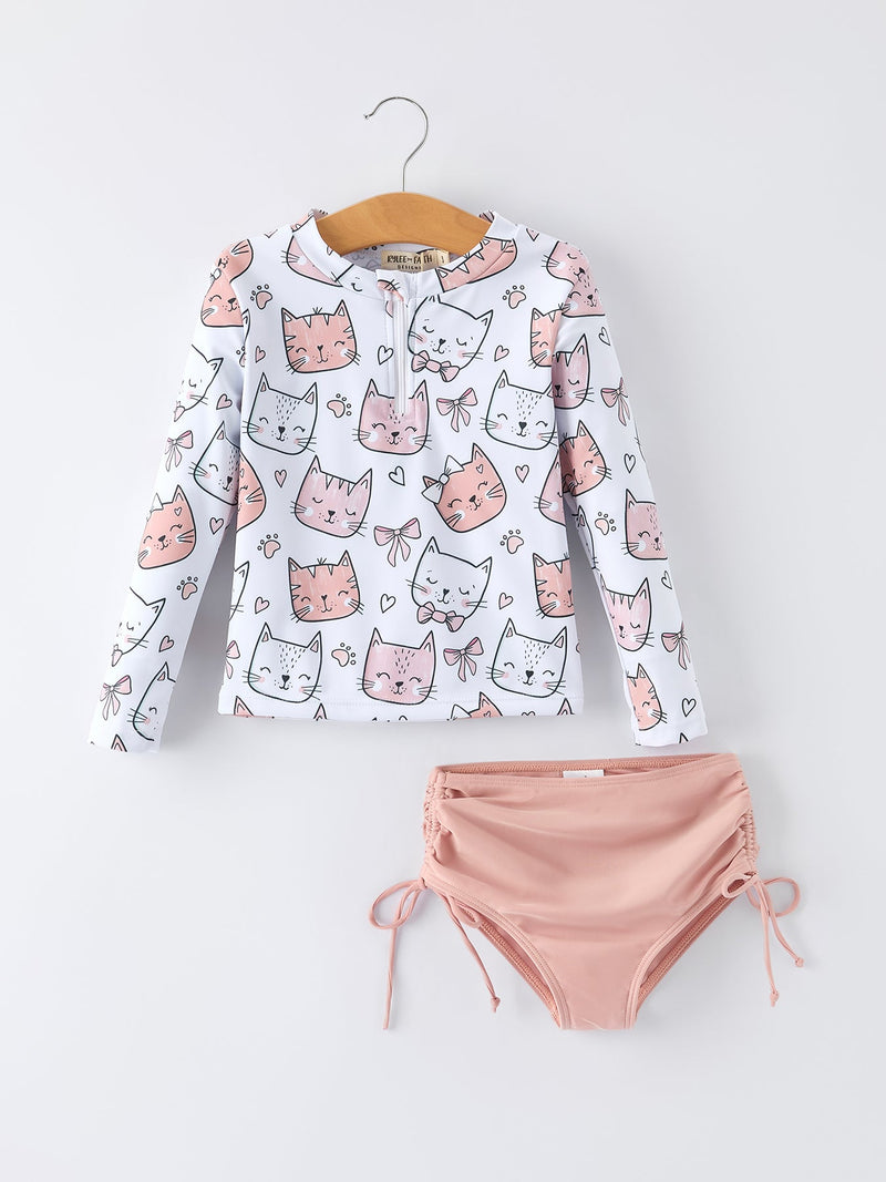 Summer Cat Print Girls Long Sleeve Swim Set - 1