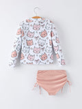 Summer Cat Print Girls Long Sleeve Swim Set - 2