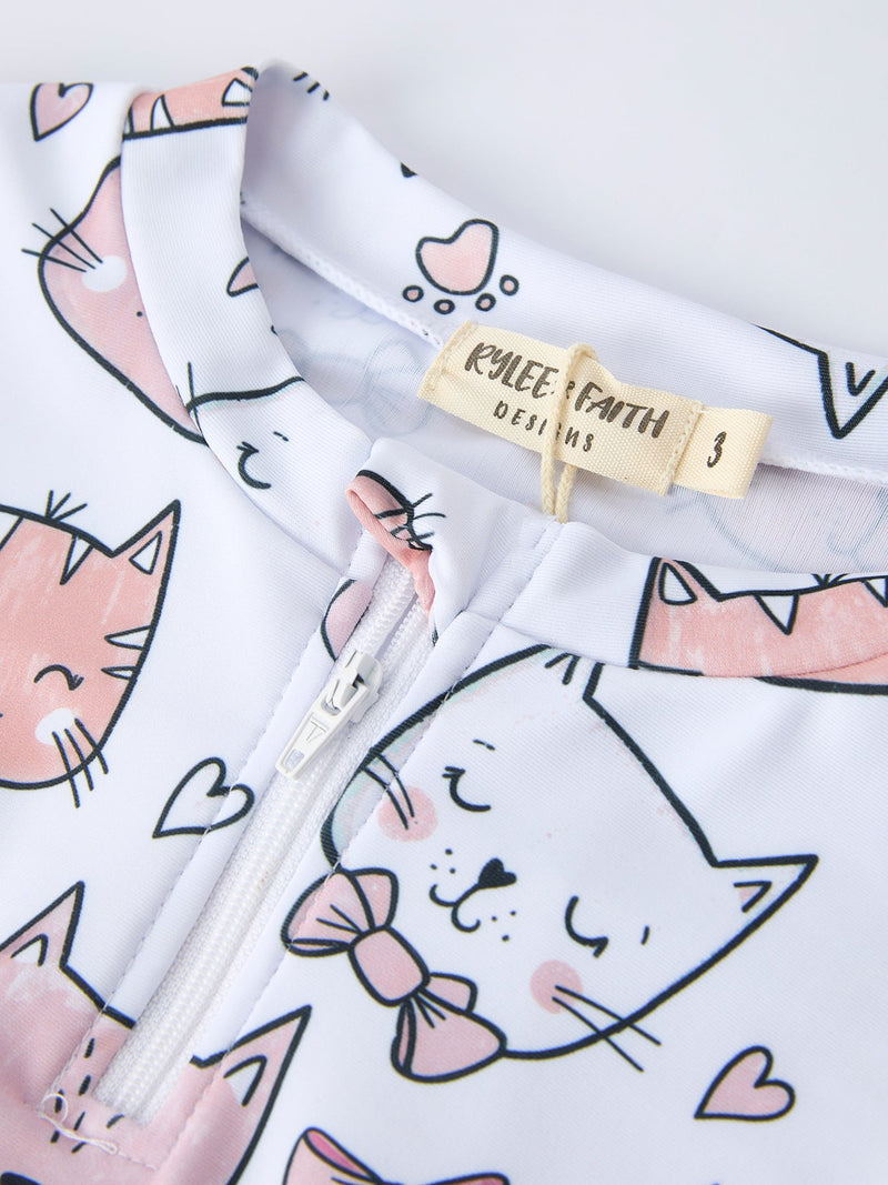Summer Cat Print Girls Long Sleeve Swim Set - 3
