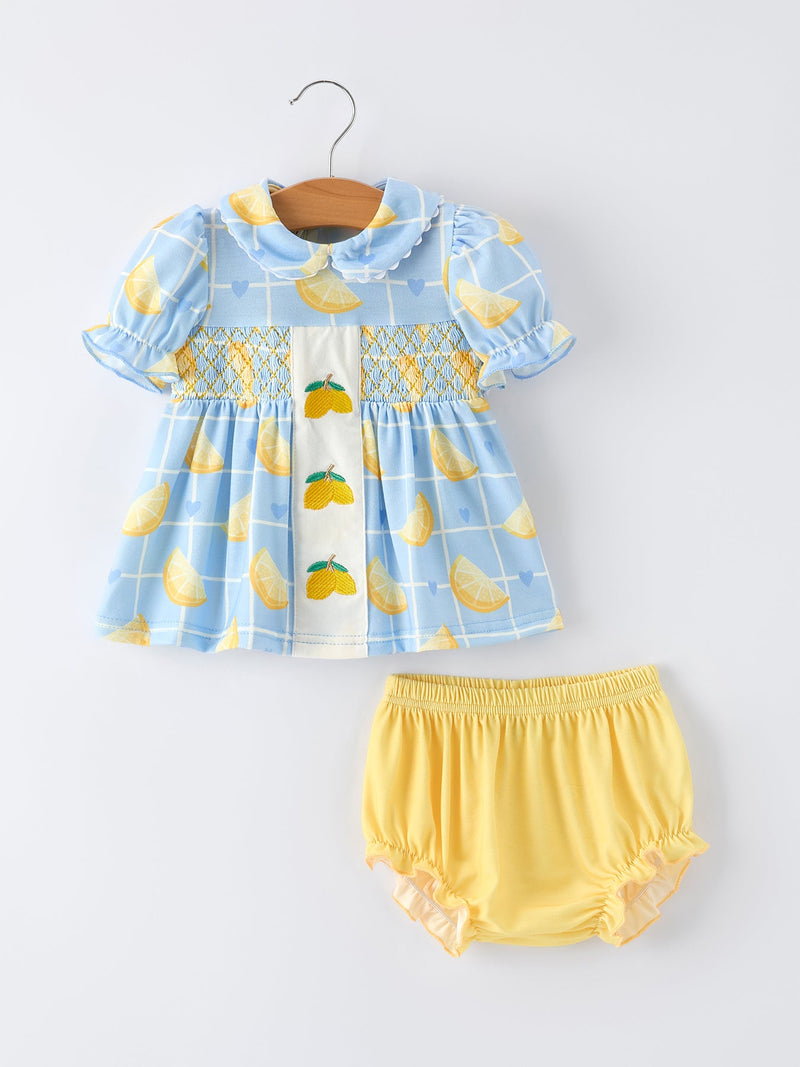 Summer Lemon Print Girls Puff Sleeve Bloomer Set - 1