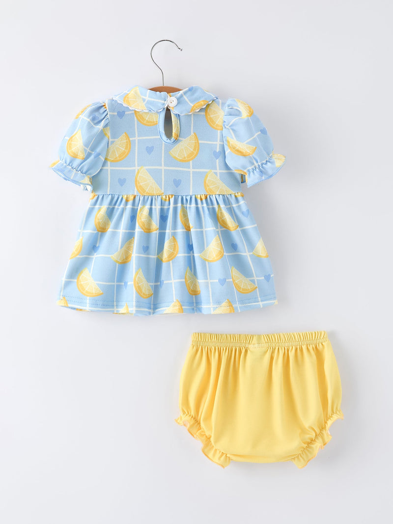 Summer Lemon Print Girls Puff Sleeve Bloomer Set - 2