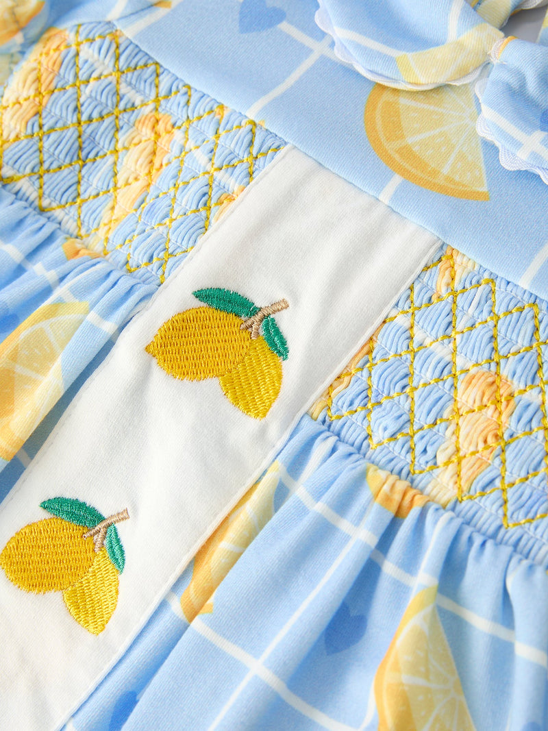 Summer Lemon Print Girls Puff Sleeve Bloomer Set - 4