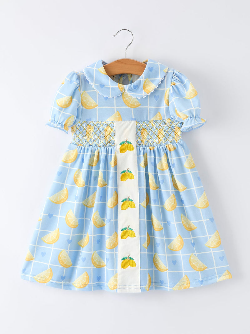 Summer Lemon Print Girls Puff Sleeve Dress - 1