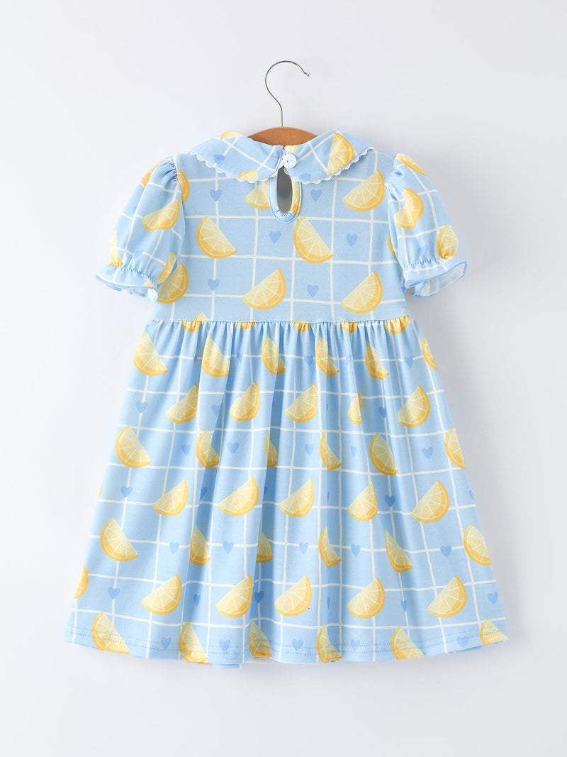 Summer Lemon Print Girls Puff Sleeve Dress - 2