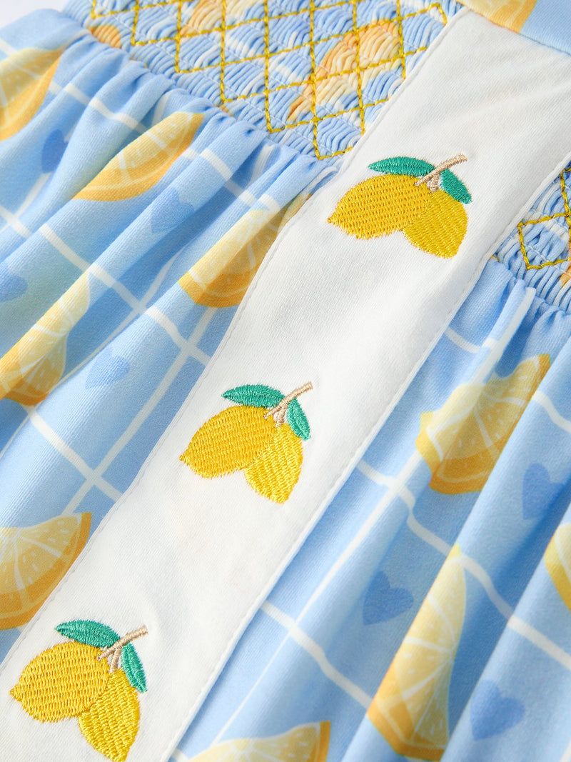 Summer Lemon Print Girls Puff Sleeve Dress - 4