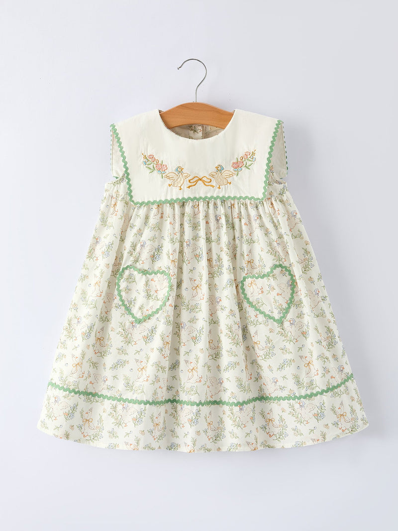 Vintage Floral Duck Embroidery Spring Girl Dress - 1