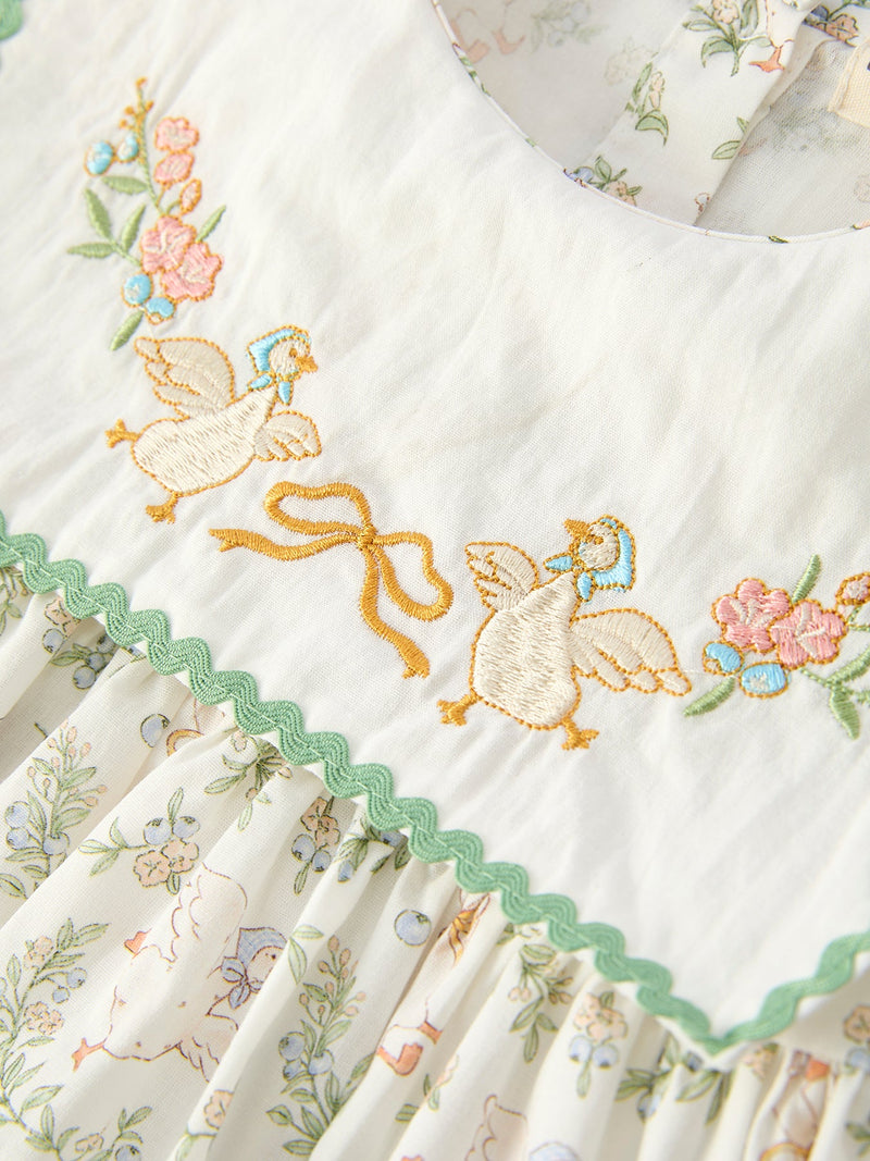 Vintage Floral Duck Embroidery Spring Girl Dress - 3