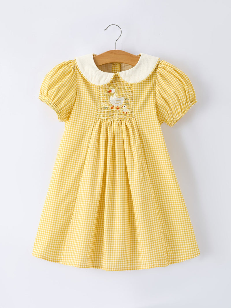 Yellow Goose Embroidered Smocked Plaid Dress - 1