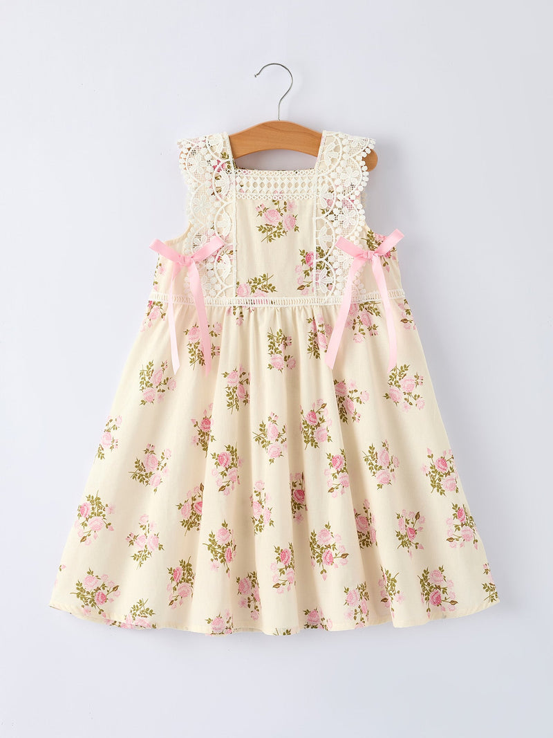 Lace-trimmed Bow Girls' Dress-Pink/Blue - 2