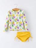 Summer Yellow Floral Print Girls Long Sleeve Swim Set - 1