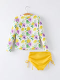 Summer Yellow Floral Print Girls Long Sleeve Swim Set - 2