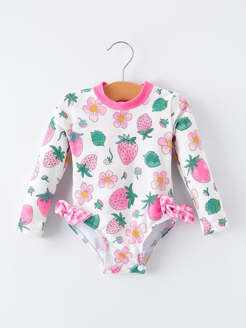 Strawberry Floral Print Long Sleeve Girls One Piece Swimsuit - 1