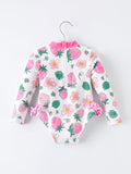 Strawberry Floral Print Long Sleeve Girls One Piece Swimsuit - 2