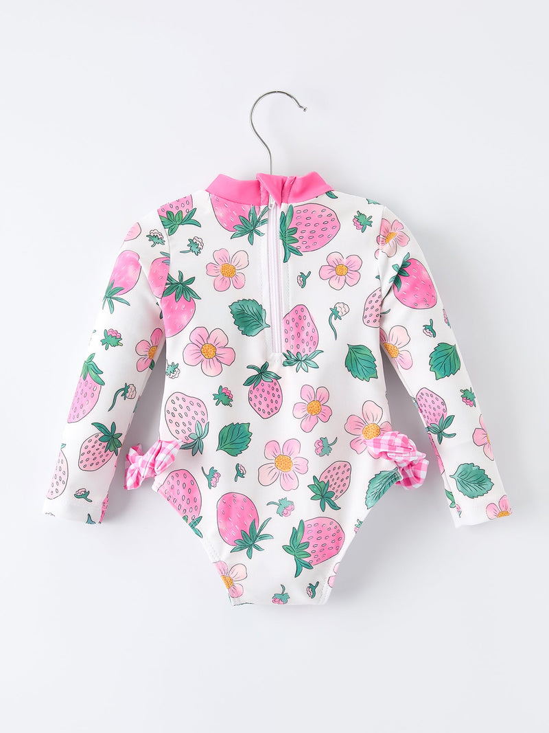 Strawberry Floral Print Long Sleeve Girls One Piece Swimsuit - 2