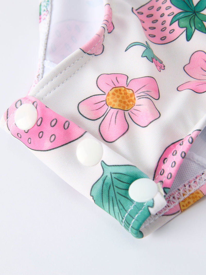 Strawberry Floral Print Long Sleeve Girls One Piece Swimsuit - 4