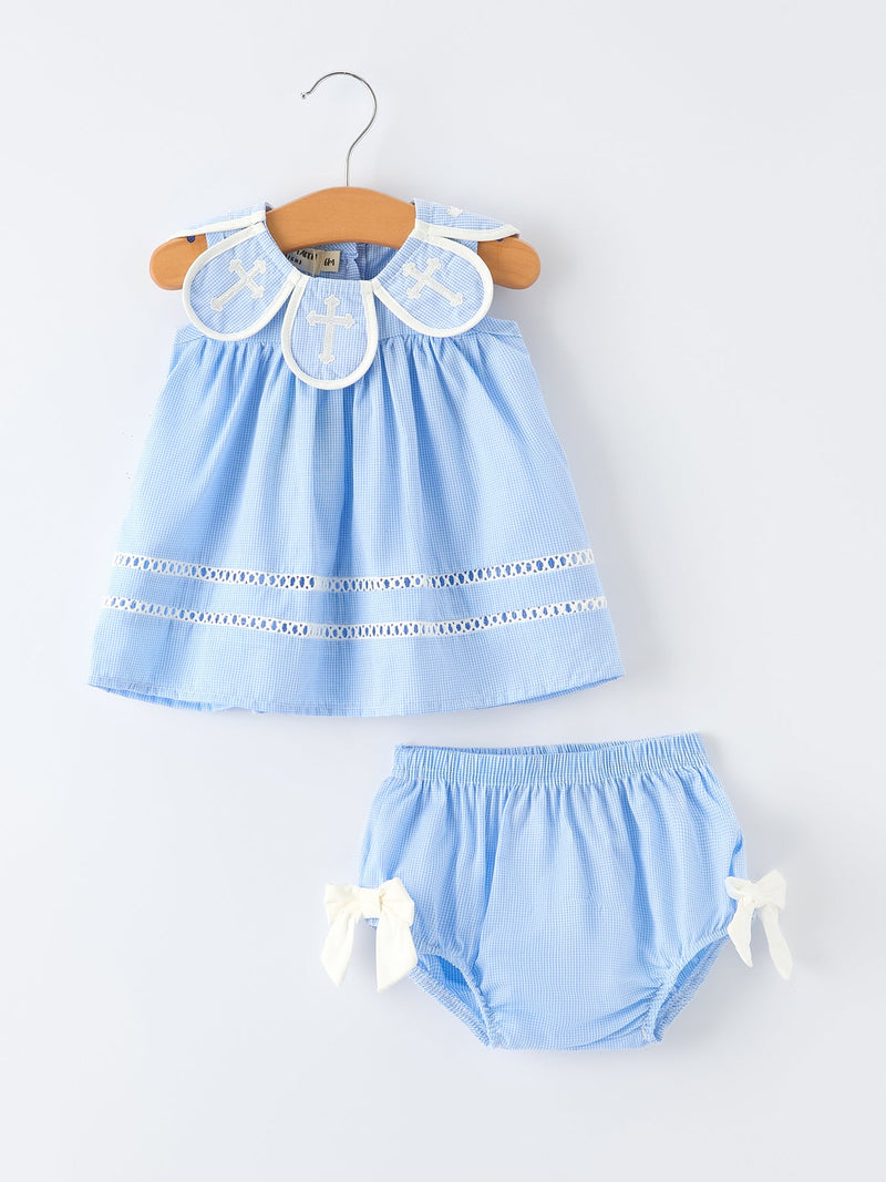 Blue Petal Peter Pan Collar Christening Baby Girls Bloomer Set - 1