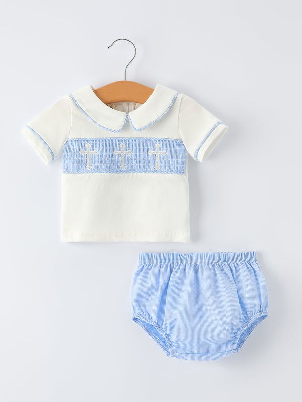 Blue Smocked Christ Bishop Christening Baby Boy Bloomer Set