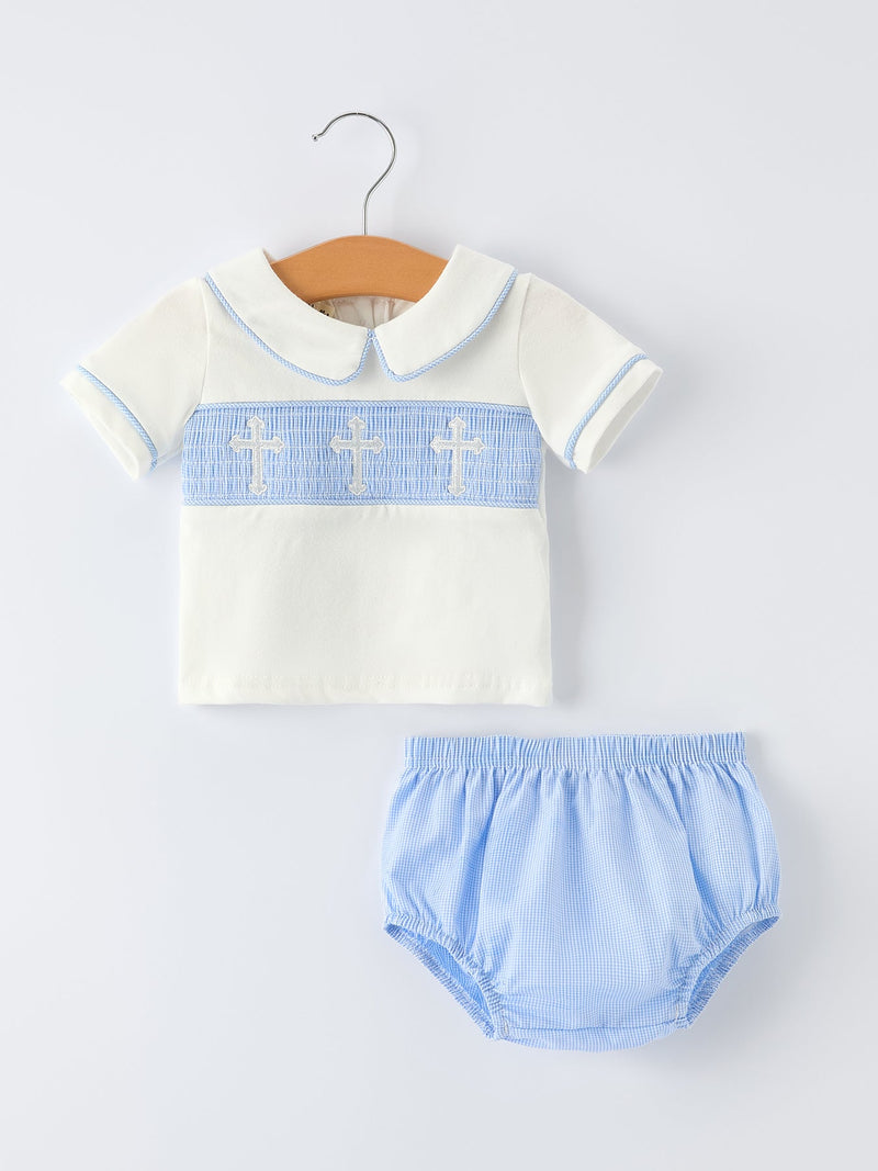 Blue Smocked Christ Bishop Christening Baby Boy Bloomer Set - 1