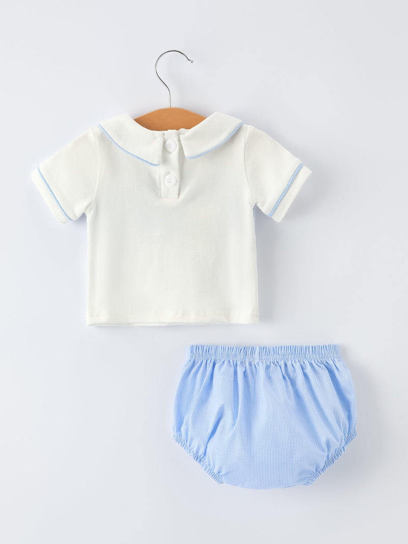 Blue Smocked Christ Bishop Christening Baby Boy Bloomer Set - 4