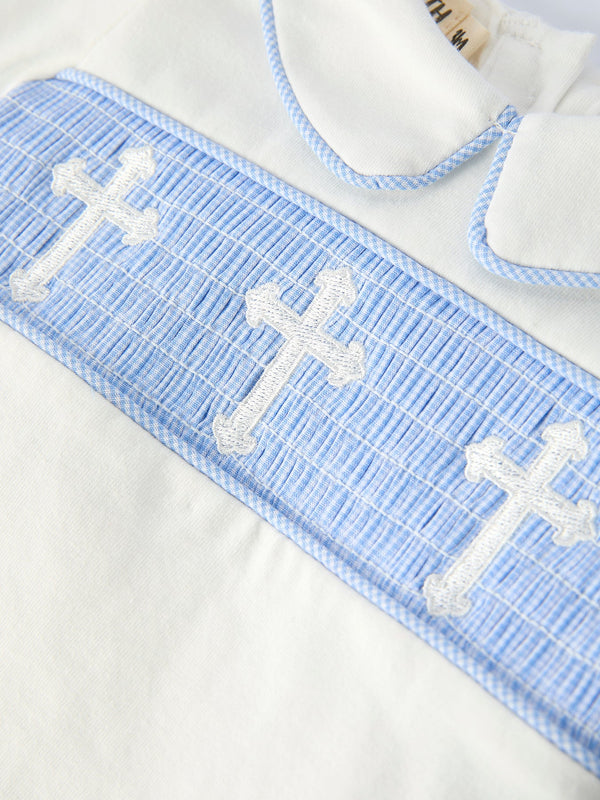 Blue Smocked Christ Bishop Christening Baby Boy Bloomer Set