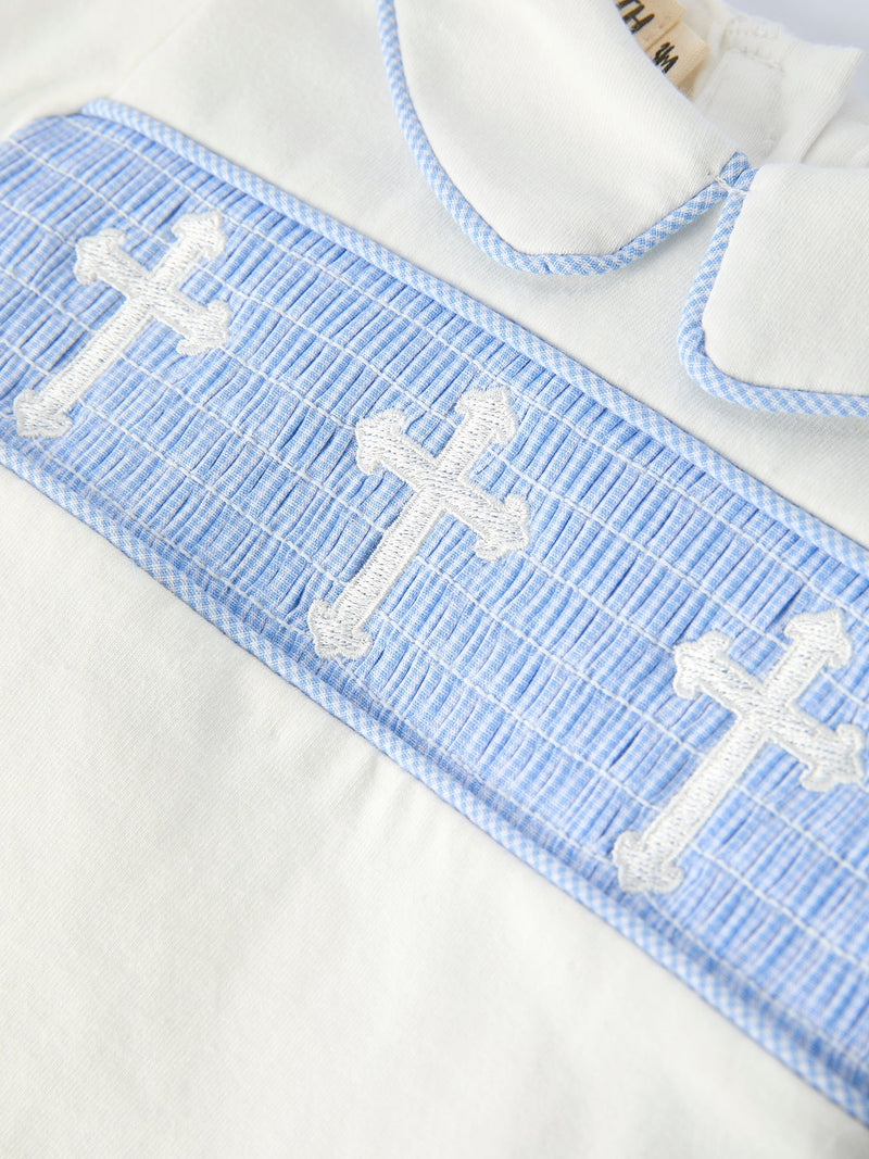 Blue Smocked Christ Bishop Christening Baby Boy Bloomer Set - 5