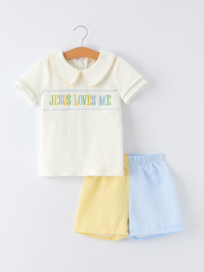 "Jesus Loves Me "Embroidered Toddler Boys'Set - 6