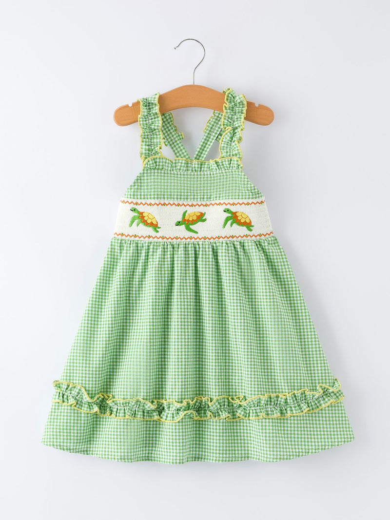 Spring Turtle Smocked Baby Girls Dress - 1