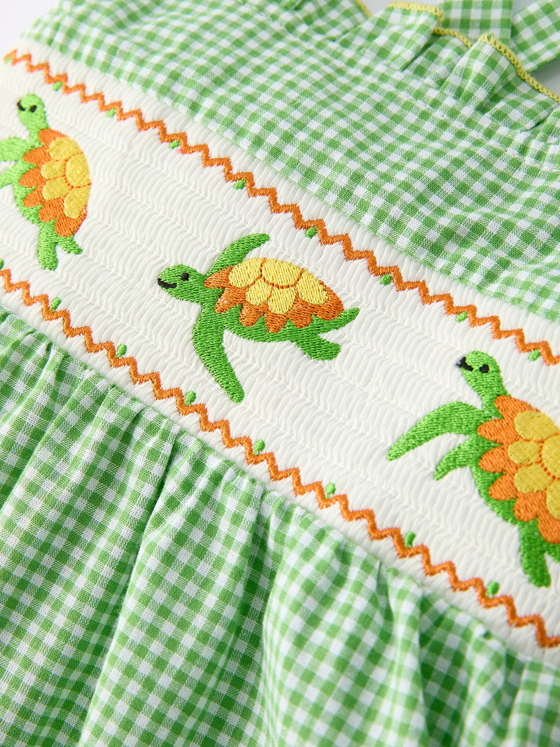 Spring Turtle Smocked Baby Girls Dress - 4