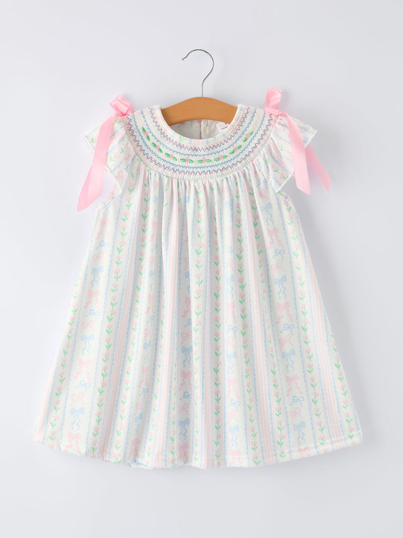 Girl Bow Stripe Smocked Dress - 1