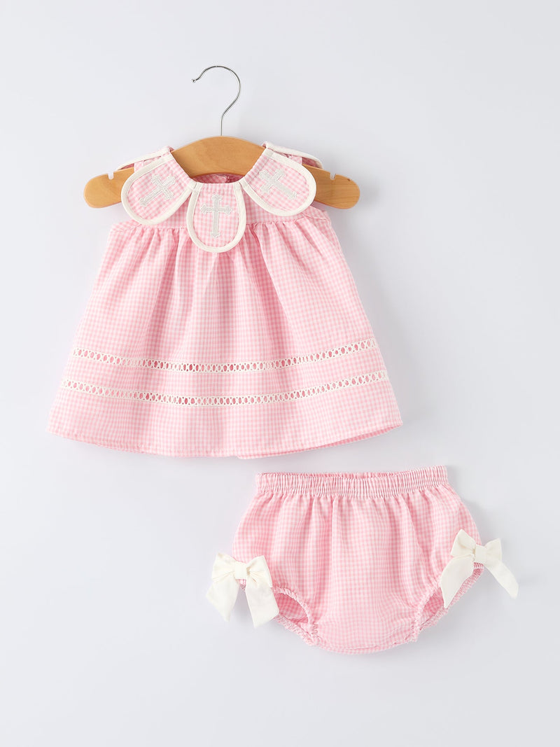Pink Smocked Church Christ Bishop Christening Baby Girls Bloomer Set - 1