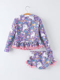 Girls Unicorn Long Sleeve Ruffle Swimsuit Set - 2
