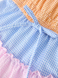 Colorblock Gingham Girls Ruffle Dress - 4