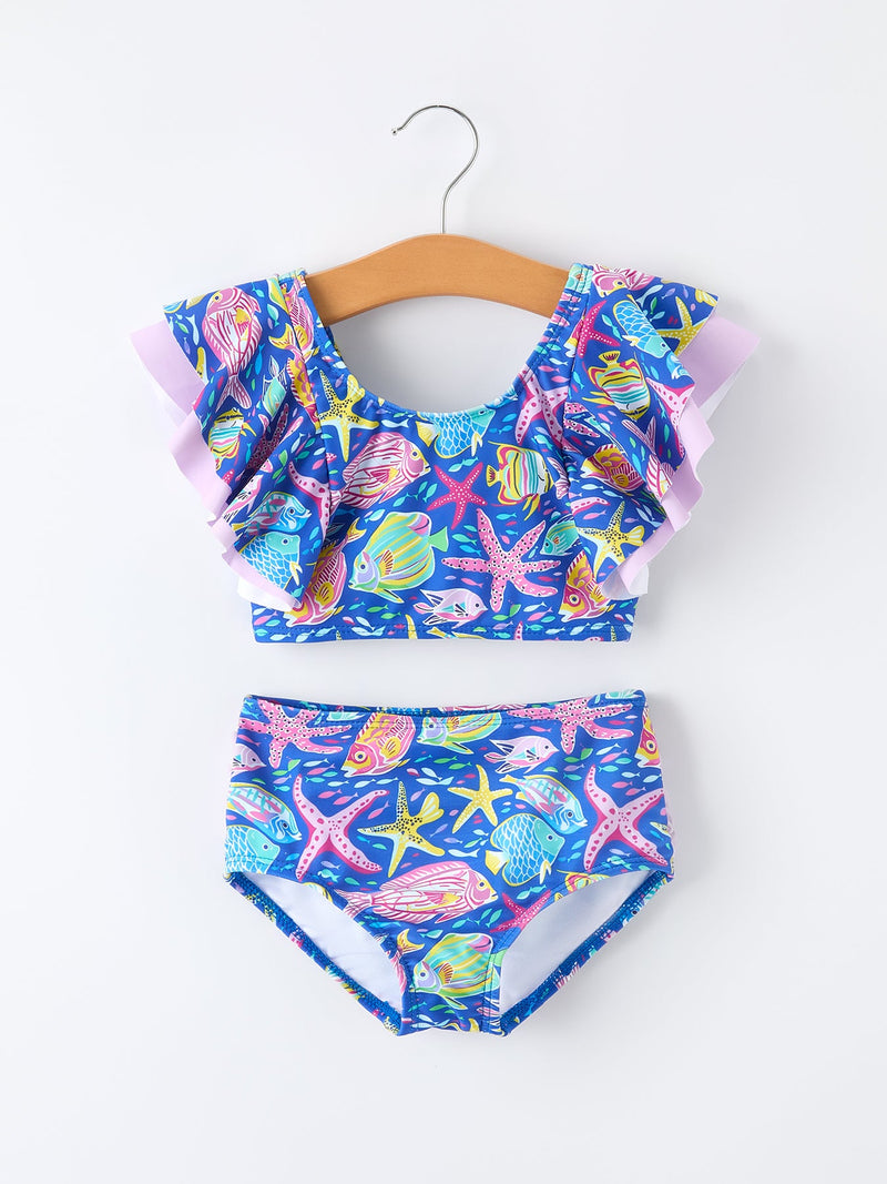Ocean Fish Print Girls Two Piece Swimsuit - 1