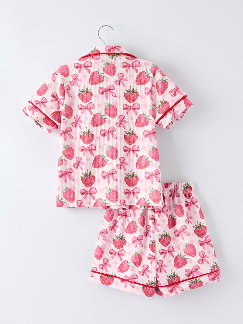 Spring Strawberry Bow Short Sleeve Shorts Pajama Set - 9