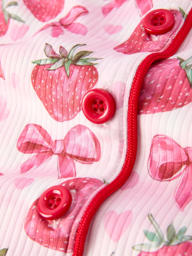 Spring Strawberry Bow Short Sleeve Shorts Pajama Set - 11