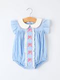 Blue Stripe Girl Romper Petal Peter Pan Collar Bow - 1