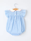 Blue Stripe Girl Romper Petal Peter Pan Collar Bow - 2
