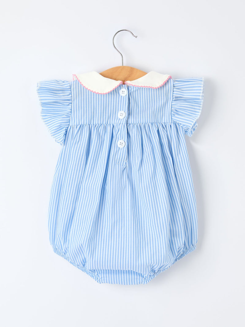 Blue Stripe Girl Romper Petal Peter Pan Collar Bow - 2