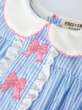 Blue Stripe Girl Romper Petal Peter Pan Collar Bow - 3