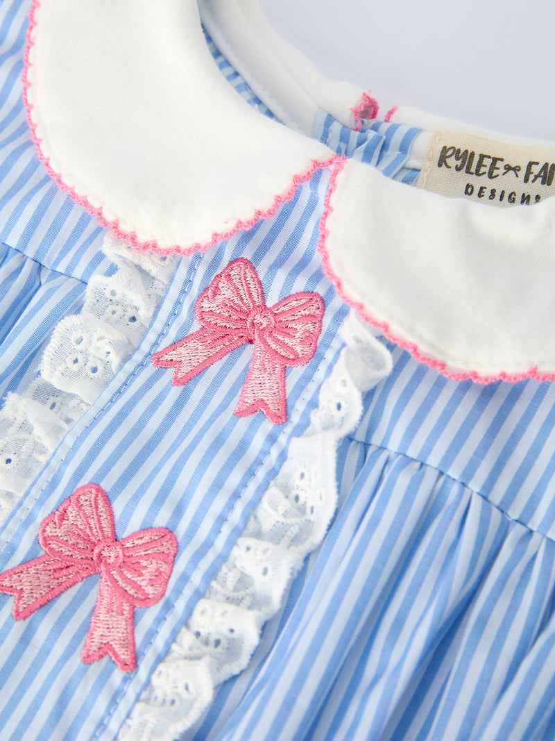 Blue Stripe Girl Romper Petal Peter Pan Collar Bow - 3