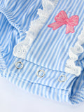Blue Stripe Girl Romper Petal Peter Pan Collar Bow - 4