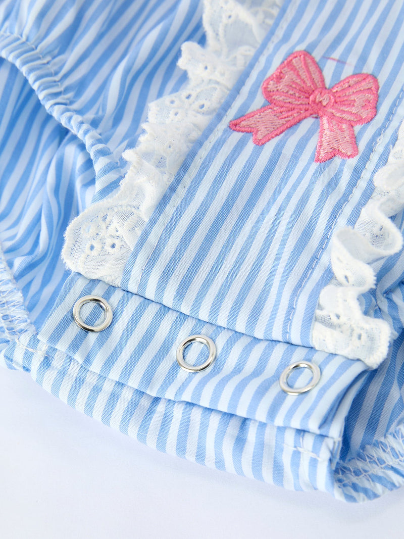 Blue Stripe Girl Romper Petal Peter Pan Collar Bow - 4