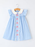 Girls Blue Stripe Dress with Peter Pan Collar & Bow - 1