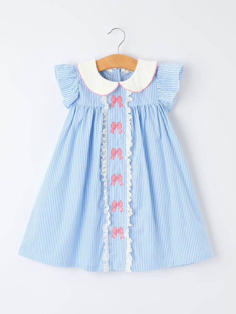 Girls Blue Stripe Dress with Peter Pan Collar & Bow - 1