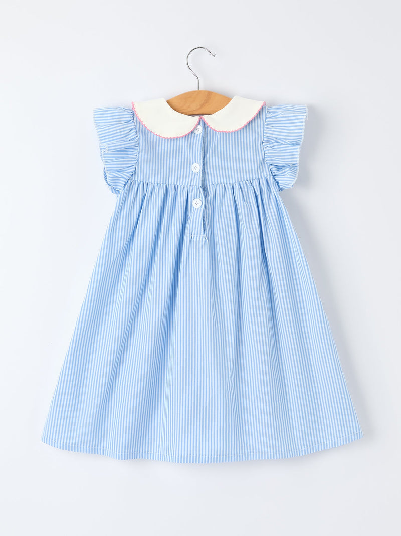 Girls Blue Stripe Dress with Peter Pan Collar & Bow - 2